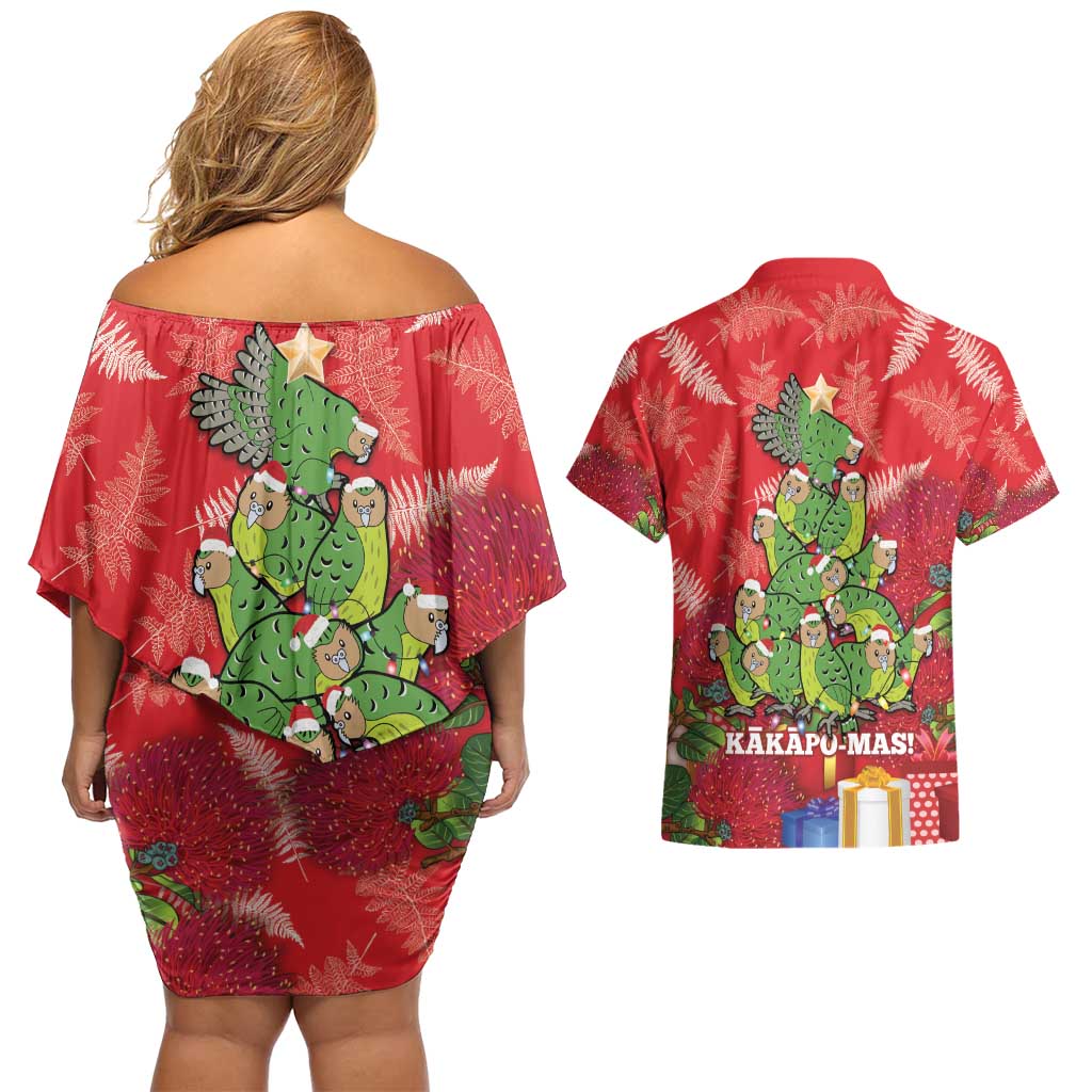 Kakapo New Zealand Christmas Couples Matching Off Shoulder Short Dress and Hawaiian Shirt Meri Kirihimete Pohutukawa - Red Color LT14 - Polynesian Pride