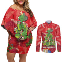 Kakapo New Zealand Christmas Couples Matching Off Shoulder Short Dress and Long Sleeve Button Shirt Meri Kirihimete Pohutukawa - Red Color LT14 Red - Polynesian Pride