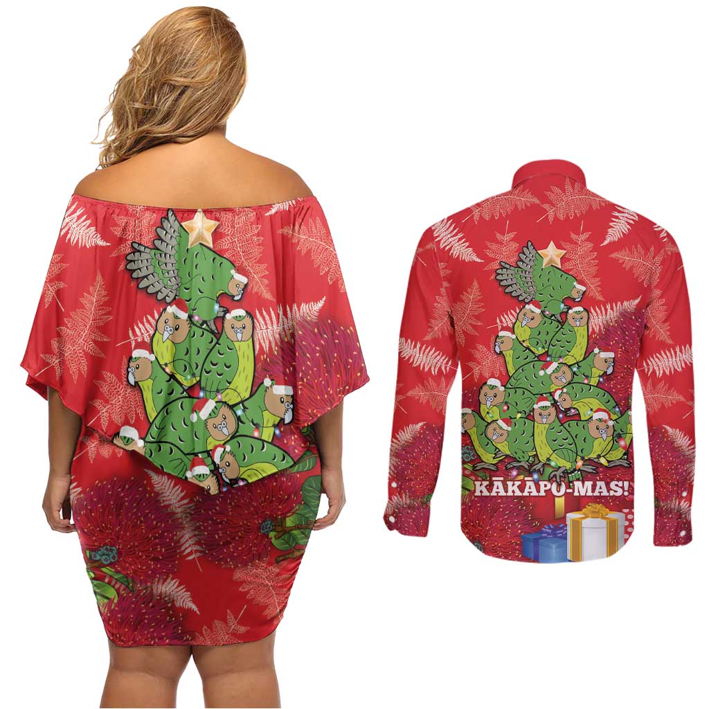 Kakapo New Zealand Christmas Couples Matching Off Shoulder Short Dress and Long Sleeve Button Shirt Meri Kirihimete Pohutukawa - Red Color LT14 - Polynesian Pride