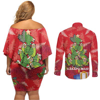 Kakapo New Zealand Christmas Couples Matching Off Shoulder Short Dress and Long Sleeve Button Shirt Meri Kirihimete Pohutukawa - Red Color LT14 - Polynesian Pride