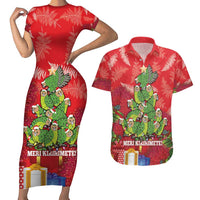 Kakapo New Zealand Christmas Couples Matching Short Sleeve Bodycon Dress and Hawaiian Shirt Meri Kirihimete Pohutukawa - Red Color LT14 Red - Polynesian Pride