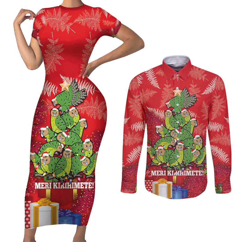 Kakapo New Zealand Christmas Couples Matching Short Sleeve Bodycon Dress and Long Sleeve Button Shirt Meri Kirihimete Pohutukawa - Red Color LT14 Red - Polynesian Pride