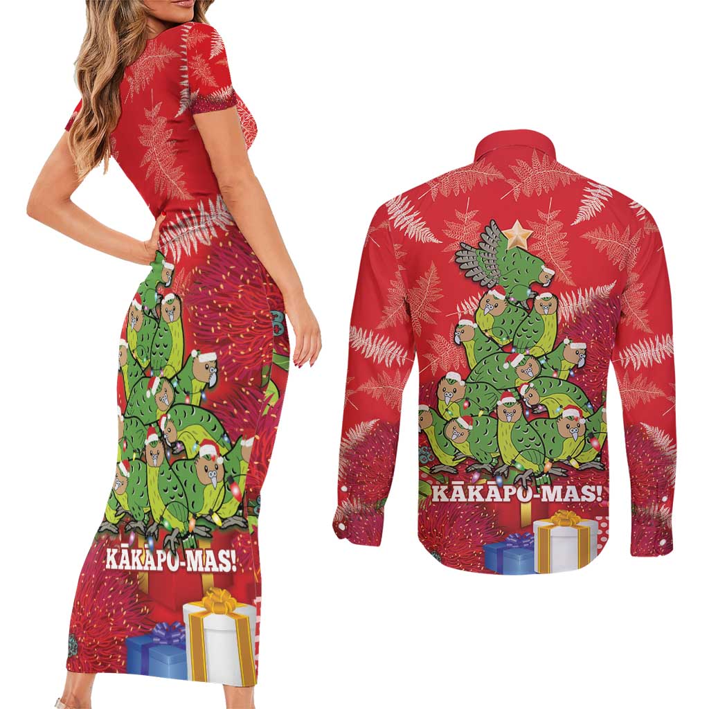 Kakapo New Zealand Christmas Couples Matching Short Sleeve Bodycon Dress and Long Sleeve Button Shirt Meri Kirihimete Pohutukawa - Red Color LT14 - Polynesian Pride