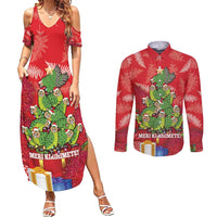 Kakapo New Zealand Christmas Couples Matching Summer Maxi Dress and Long Sleeve Button Shirt Meri Kirihimete Pohutukawa - Red Color LT14 Red - Polynesian Pride