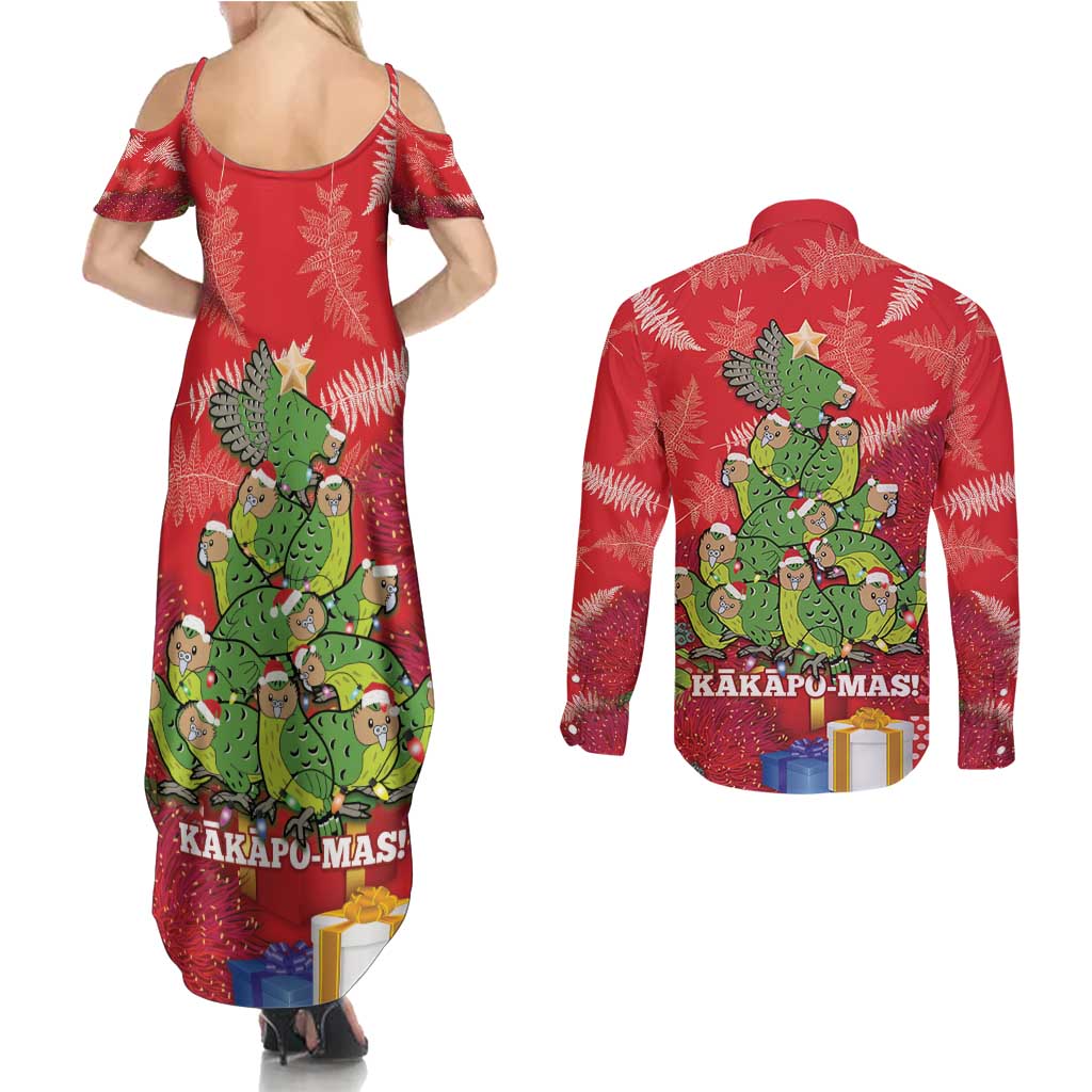 Kakapo New Zealand Christmas Couples Matching Summer Maxi Dress and Long Sleeve Button Shirt Meri Kirihimete Pohutukawa - Red Color LT14 - Polynesian Pride
