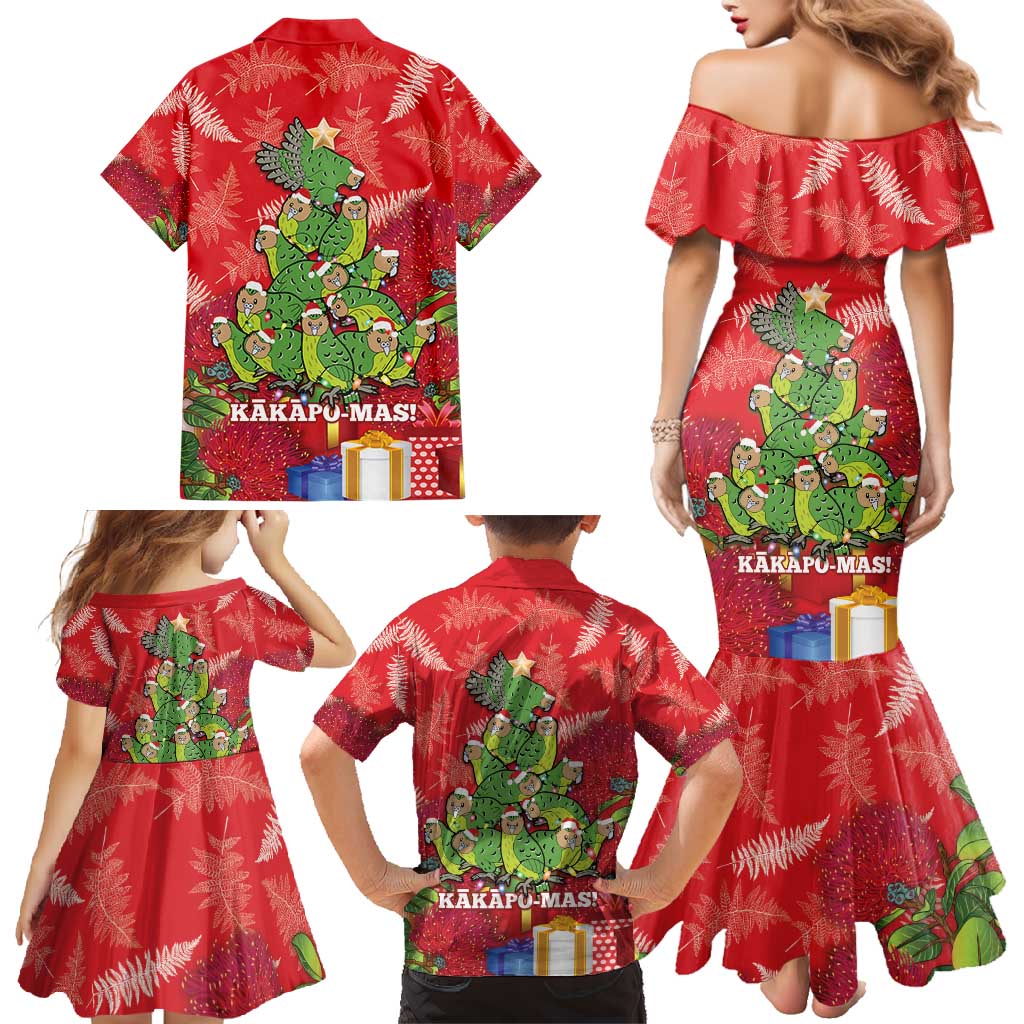 Kakapo New Zealand Christmas Family Matching Mermaid Dress and Hawaiian Shirt Meri Kirihimete Pohutukawa - Red Color LT14 - Polynesian Pride