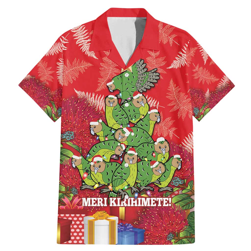 Kakapo New Zealand Christmas Family Matching Mermaid Dress and Hawaiian Shirt Meri Kirihimete Pohutukawa - Red Color LT14 Dad's Shirt - Short Sleeve Red - Polynesian Pride