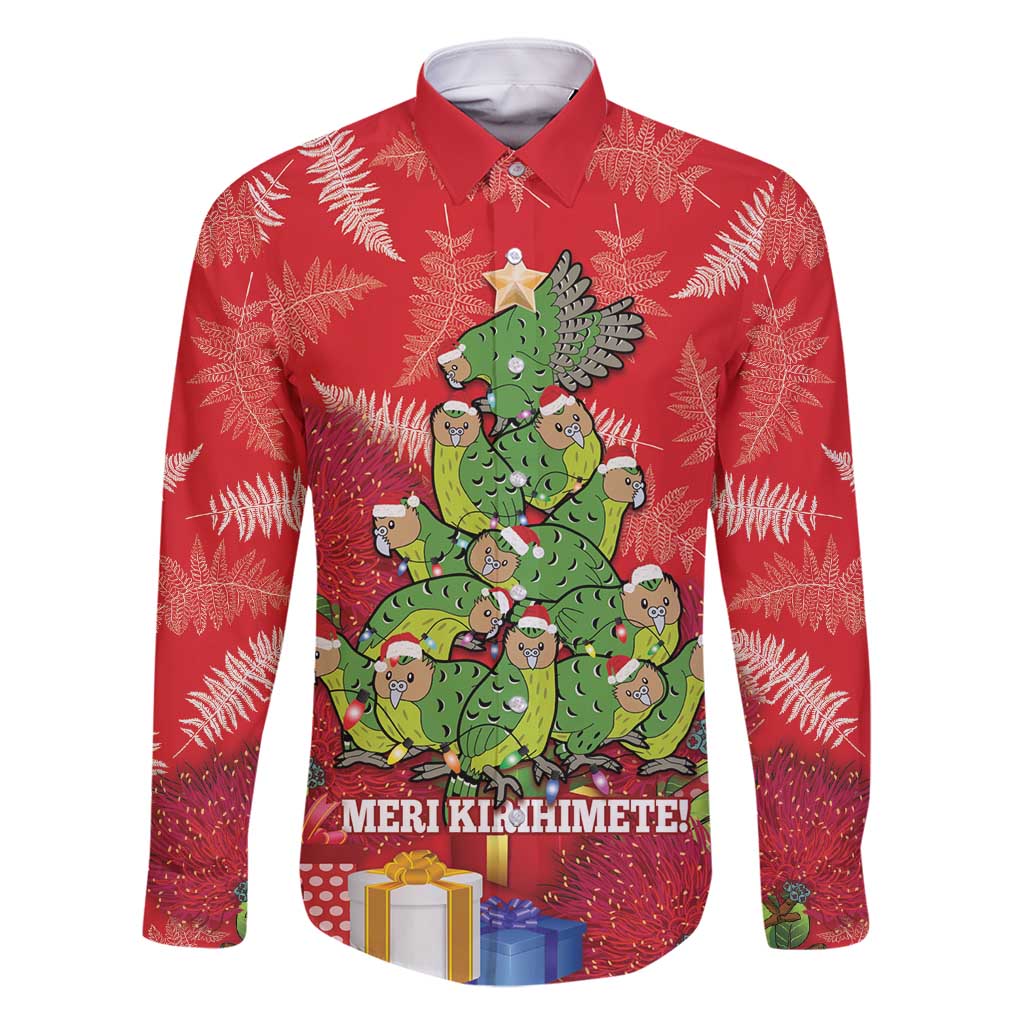 Kakapo New Zealand Christmas Family Matching Mermaid Dress and Hawaiian Shirt Meri Kirihimete Pohutukawa - Red Color LT14 Dad's Shirt - Long Sleeve Red - Polynesian Pride