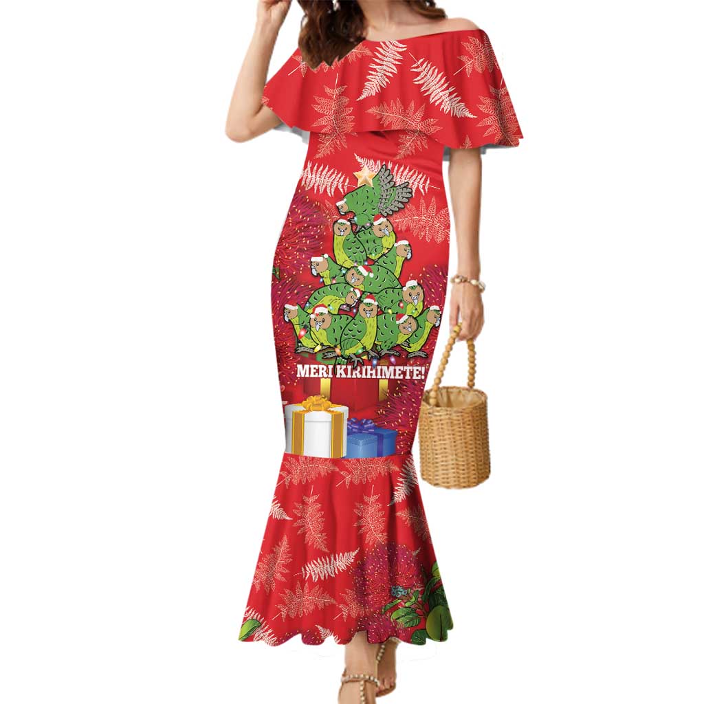 Kakapo New Zealand Christmas Family Matching Mermaid Dress and Hawaiian Shirt Meri Kirihimete Pohutukawa - Red Color LT14 Mom's Dress Red - Polynesian Pride
