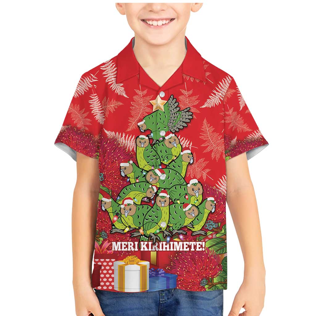 Kakapo New Zealand Christmas Family Matching Mermaid Dress and Hawaiian Shirt Meri Kirihimete Pohutukawa - Red Color LT14 Son's Shirt Red - Polynesian Pride