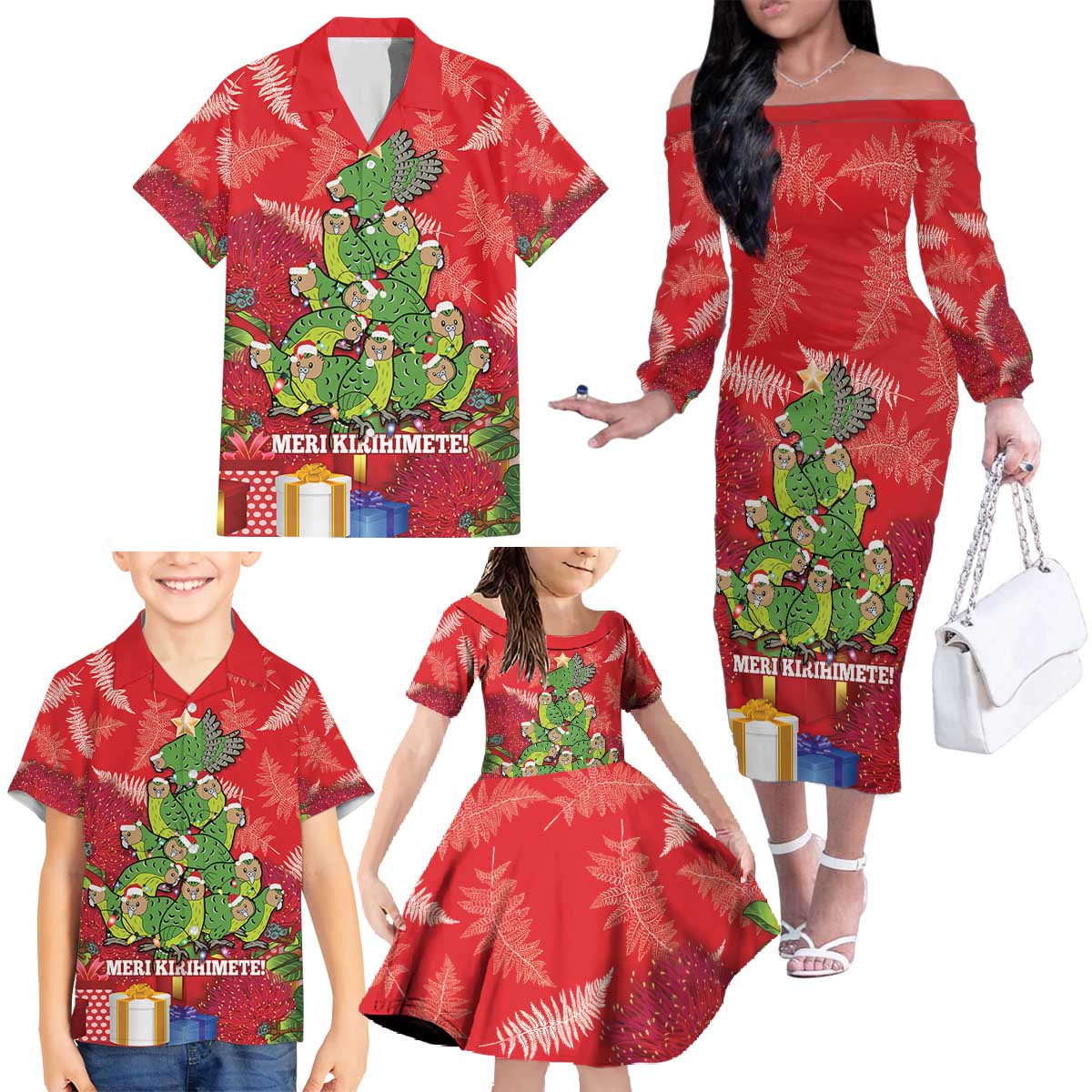 Kakapo New Zealand Christmas Family Matching Off The Shoulder Long Sleeve Dress and Hawaiian Shirt Meri Kirihimete Pohutukawa - Red Color LT14 - Polynesian Pride