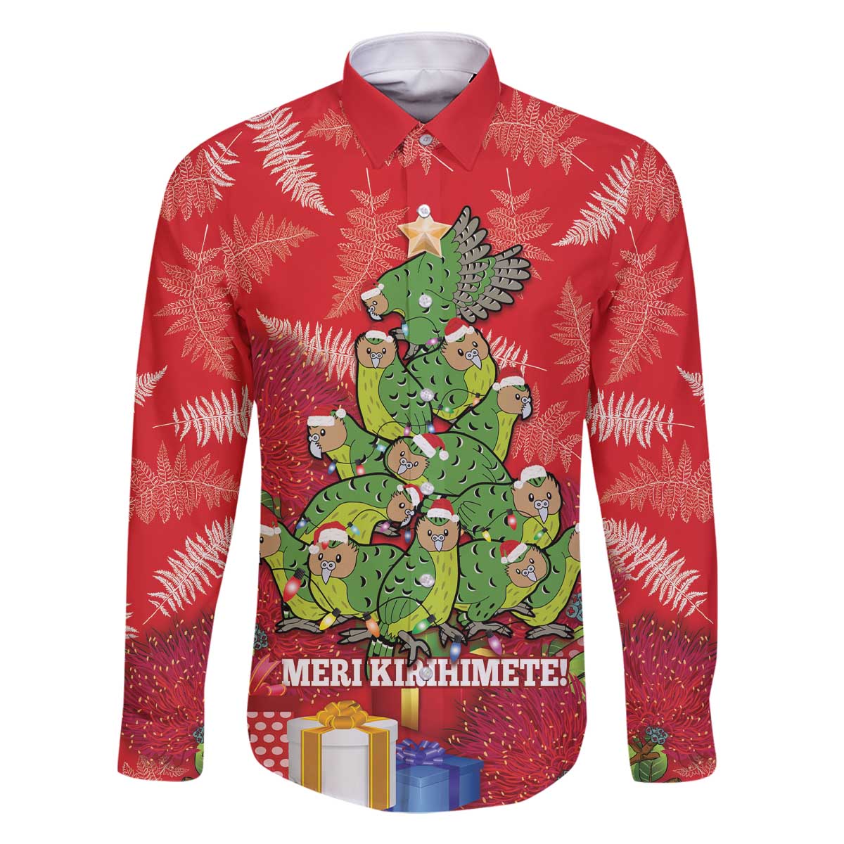 Kakapo New Zealand Christmas Family Matching Off The Shoulder Long Sleeve Dress and Hawaiian Shirt Meri Kirihimete Pohutukawa - Red Color LT14 Dad's Shirt - Long Sleeve Red - Polynesian Pride