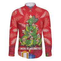 Kakapo New Zealand Christmas Family Matching Off The Shoulder Long Sleeve Dress and Hawaiian Shirt Meri Kirihimete Pohutukawa - Red Color LT14 Dad's Shirt - Long Sleeve Red - Polynesian Pride