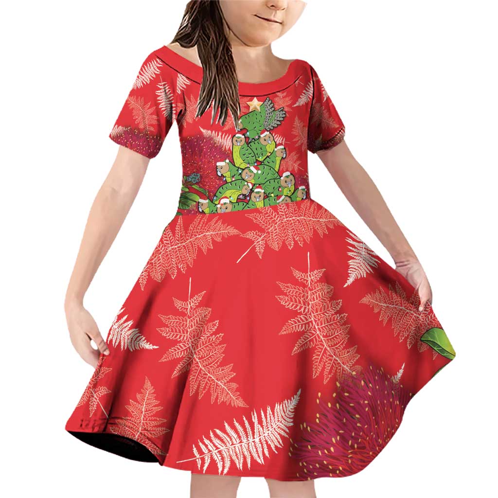 Kakapo New Zealand Christmas Family Matching Off Shoulder Short Dress and Hawaiian Shirt Meri Kirihimete Pohutukawa - Red Color LT14 Daughter's Dress Red - Polynesian Pride