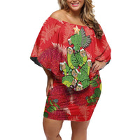 Kakapo New Zealand Christmas Family Matching Off Shoulder Short Dress and Hawaiian Shirt Meri Kirihimete Pohutukawa - Red Color LT14 Mom's Dress Red - Polynesian Pride