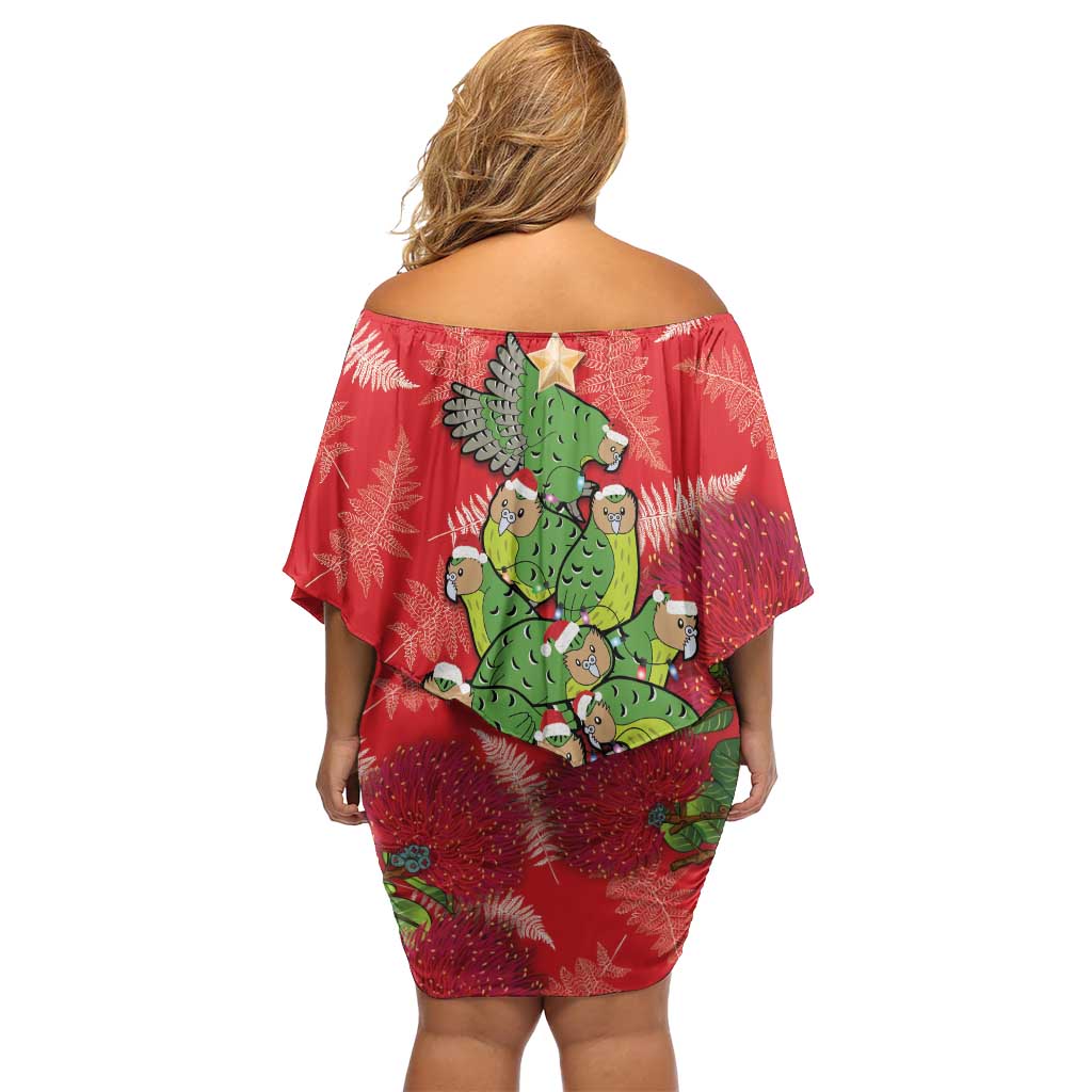 Kakapo New Zealand Christmas Family Matching Off Shoulder Short Dress and Hawaiian Shirt Meri Kirihimete Pohutukawa - Red Color LT14 - Polynesian Pride