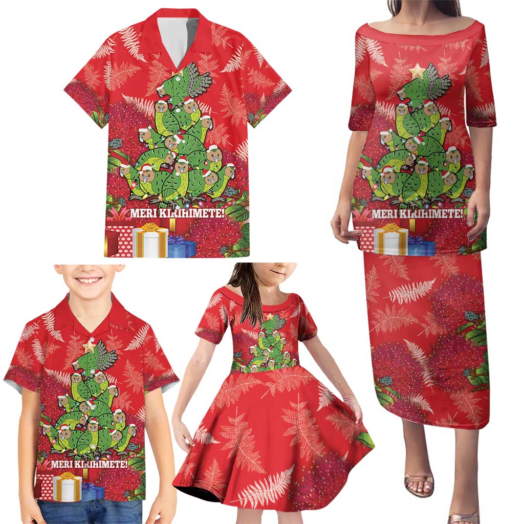 Kakapo New Zealand Christmas Family Matching Puletasi and Hawaiian Shirt Meri Kirihimete Pohutukawa - Red Color LT14 - Polynesian Pride