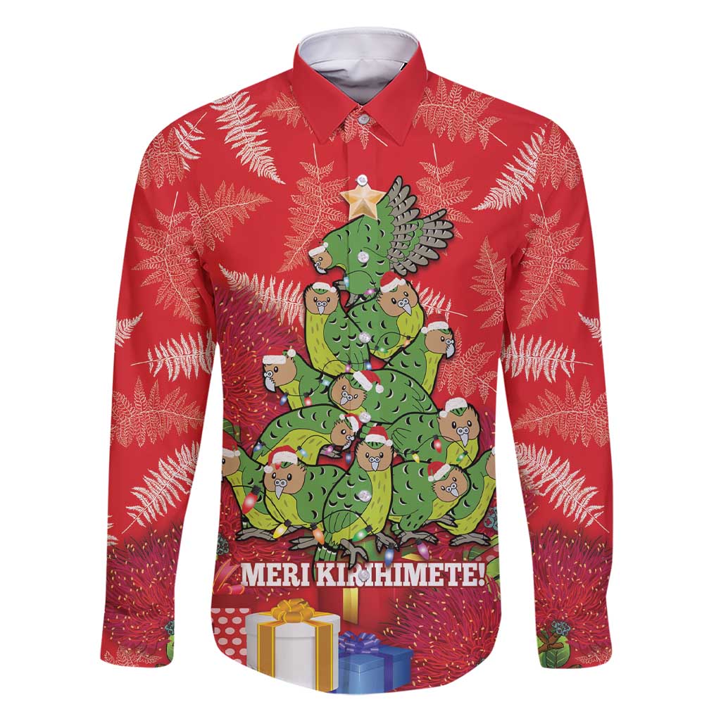 Kakapo New Zealand Christmas Family Matching Short Sleeve Bodycon Dress and Hawaiian Shirt Meri Kirihimete Pohutukawa - Red Color LT14 Dad's Shirt - Long Sleeve Red - Polynesian Pride