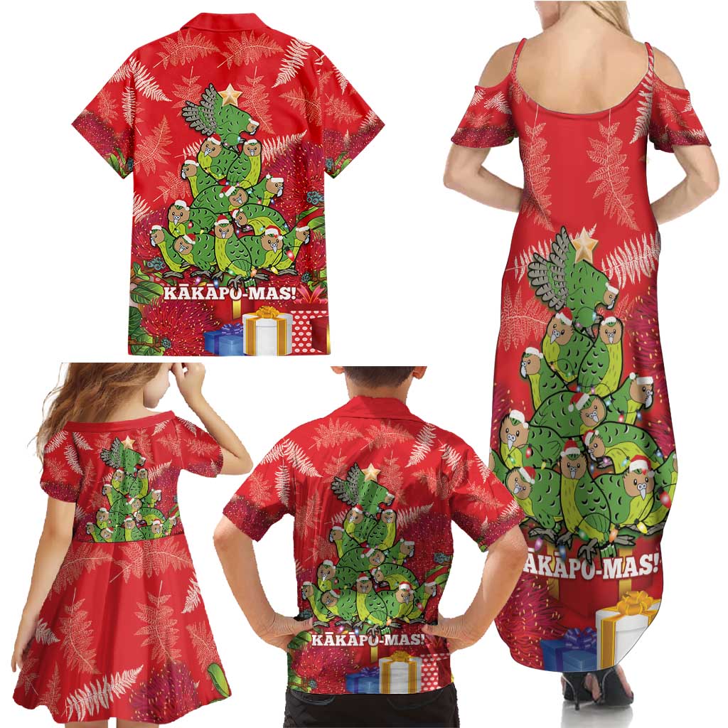 Kakapo New Zealand Christmas Family Matching Summer Maxi Dress and Hawaiian Shirt Meri Kirihimete Pohutukawa - Red Color LT14 - Polynesian Pride