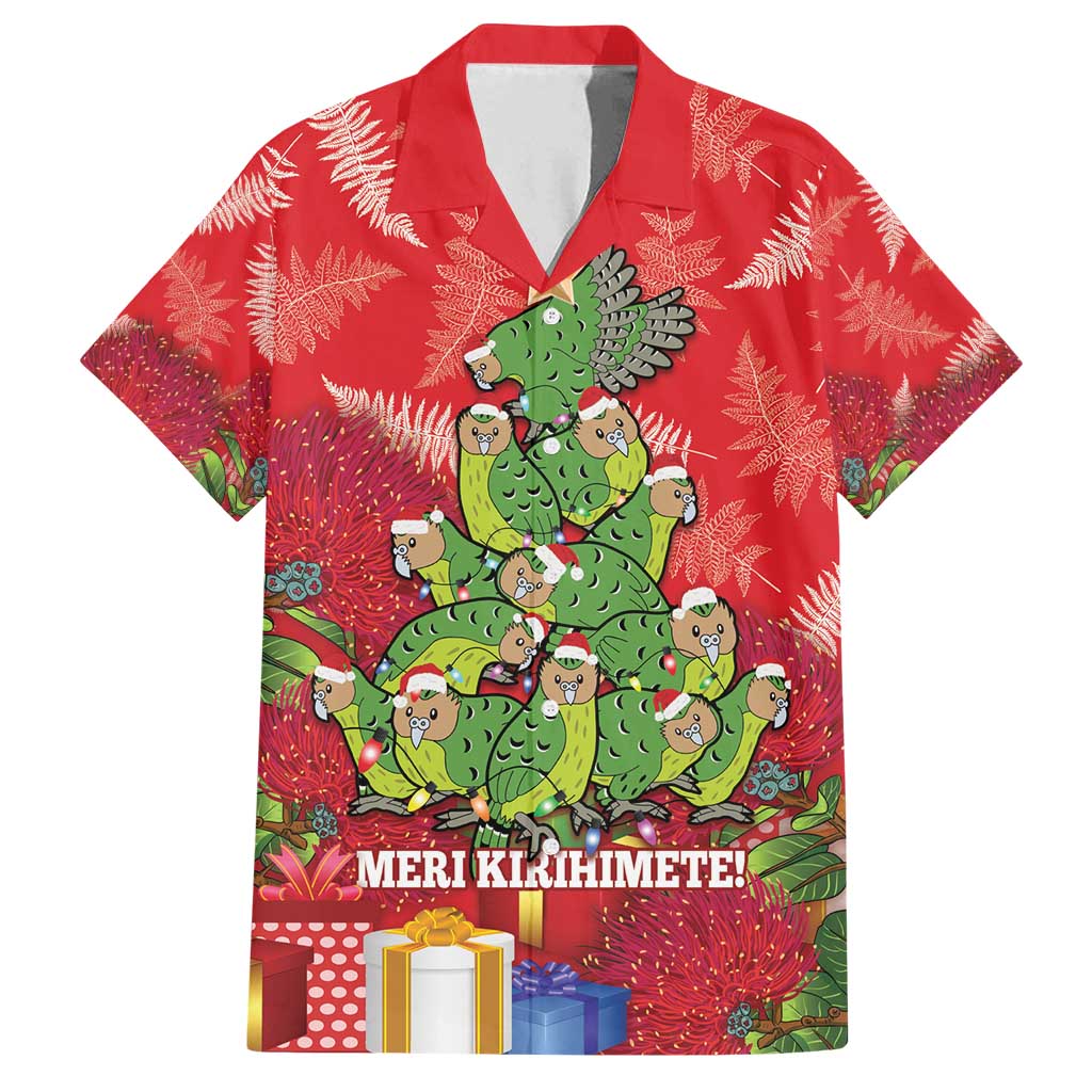 Kakapo New Zealand Christmas Family Matching Tank Maxi Dress and Hawaiian Shirt Meri Kirihimete Pohutukawa - Red Color LT14 Dad's Shirt - Short Sleeve Red - Polynesian Pride