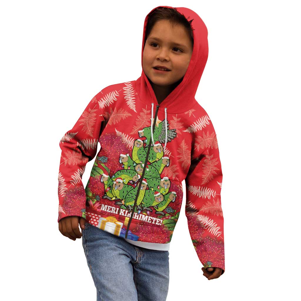 Kakapo New Zealand Christmas Kid Hoodie Meri Kirihimete Pohutukawa - Red Color LT14 - Polynesian Pride