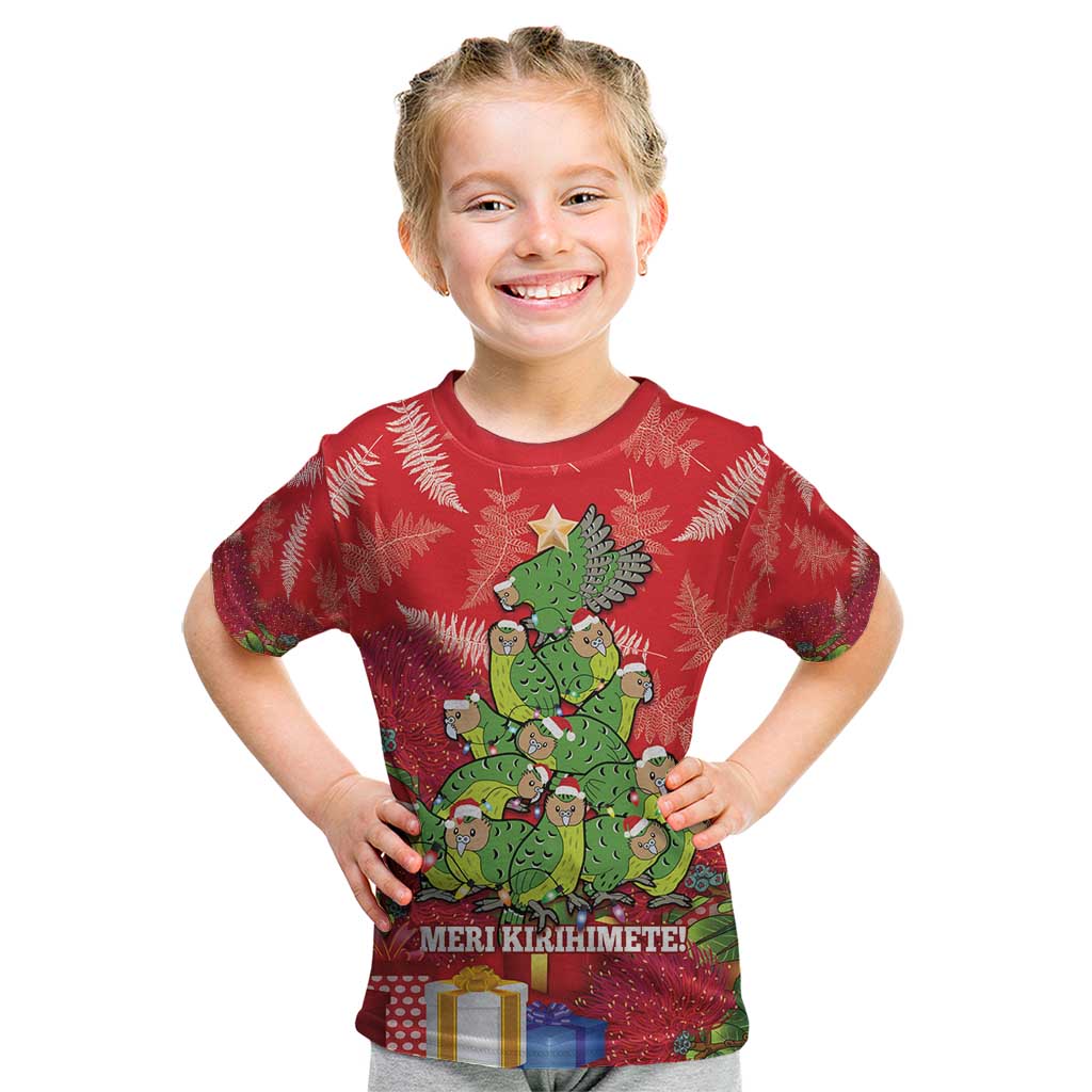 Kakapo New Zealand Christmas Kid T Shirt Meri Kirihimete Pohutukawa - Red Color LT14 Red - Polynesian Pride