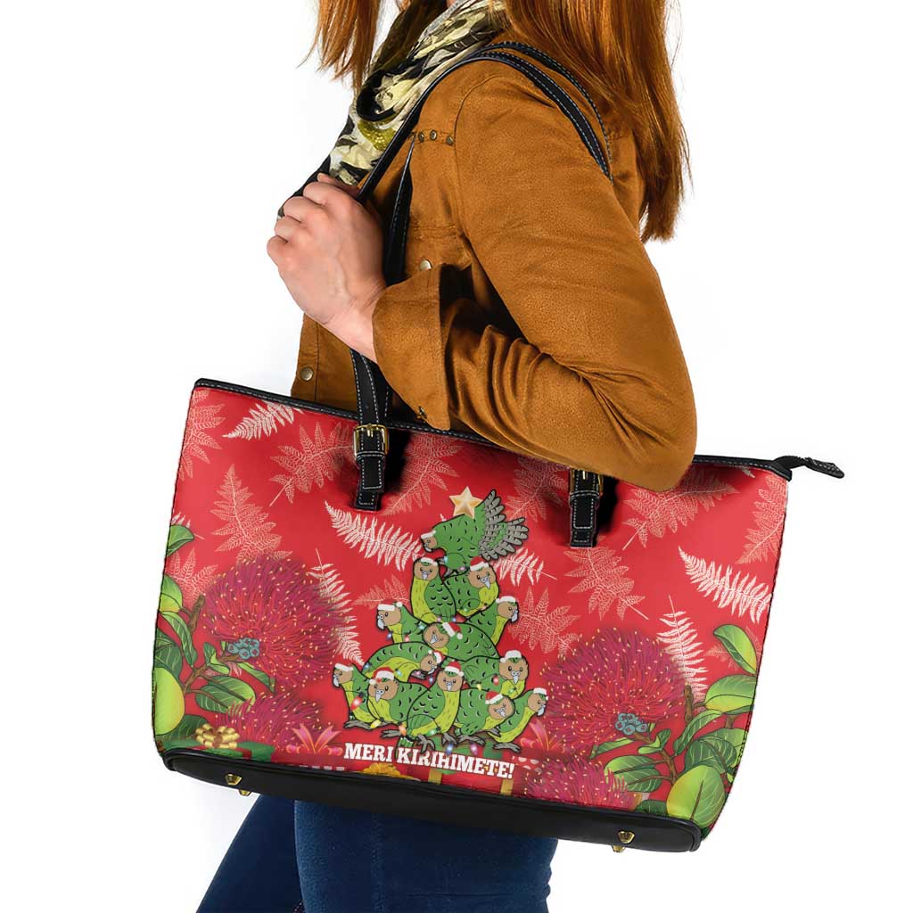 Kakapo New Zealand Christmas Leather Tote Bag Meri Kirihimete Pohutukawa - Red Color LT14 Red - Polynesian Pride
