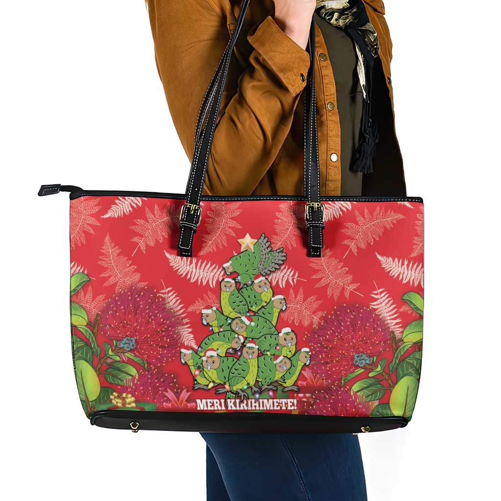 Kakapo New Zealand Christmas Leather Tote Bag Meri Kirihimete Pohutukawa - Red Color LT14 - Polynesian Pride