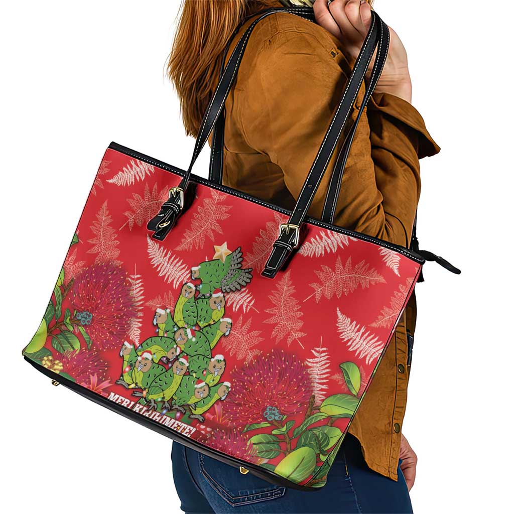Kakapo New Zealand Christmas Leather Tote Bag Meri Kirihimete Pohutukawa - Red Color LT14 - Polynesian Pride