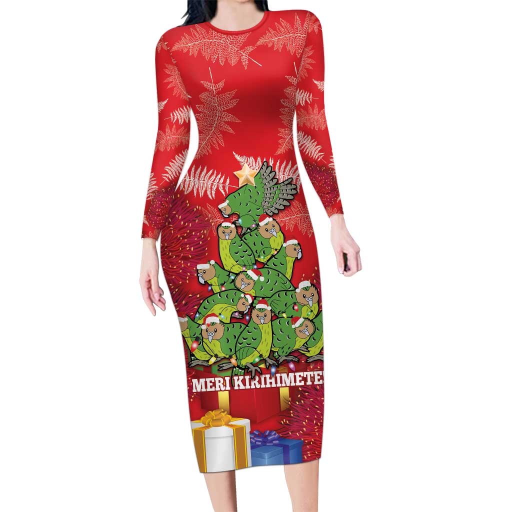 Kakapo New Zealand Christmas Long Sleeve Bodycon Dress Meri Kirihimete Pohutukawa - Red Color LT14 Long Dress Red - Polynesian Pride