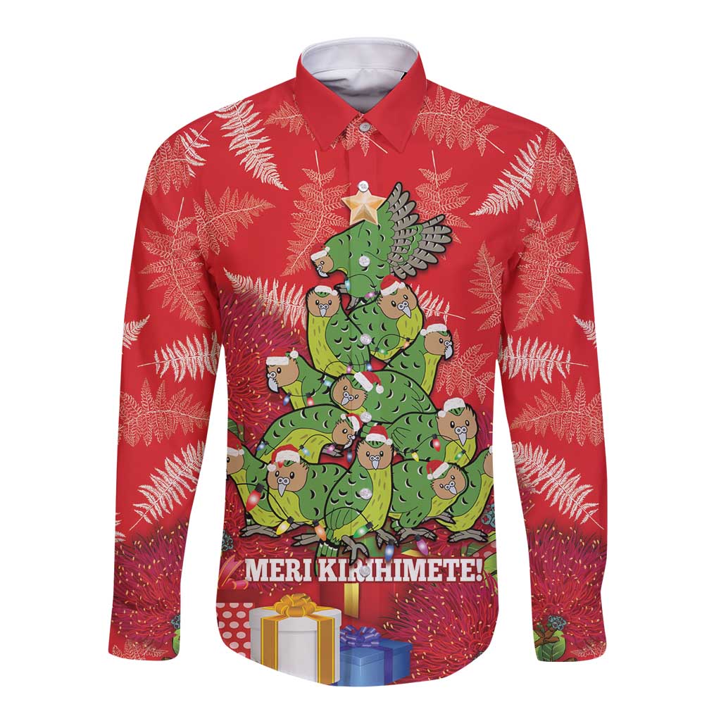 Kakapo New Zealand Christmas Long Sleeve Button Shirt Meri Kirihimete Pohutukawa - Red Color LT14 Unisex Red - Polynesian Pride