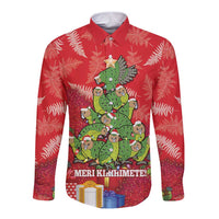 Kakapo New Zealand Christmas Long Sleeve Button Shirt Meri Kirihimete Pohutukawa - Red Color LT14 Unisex Red - Polynesian Pride