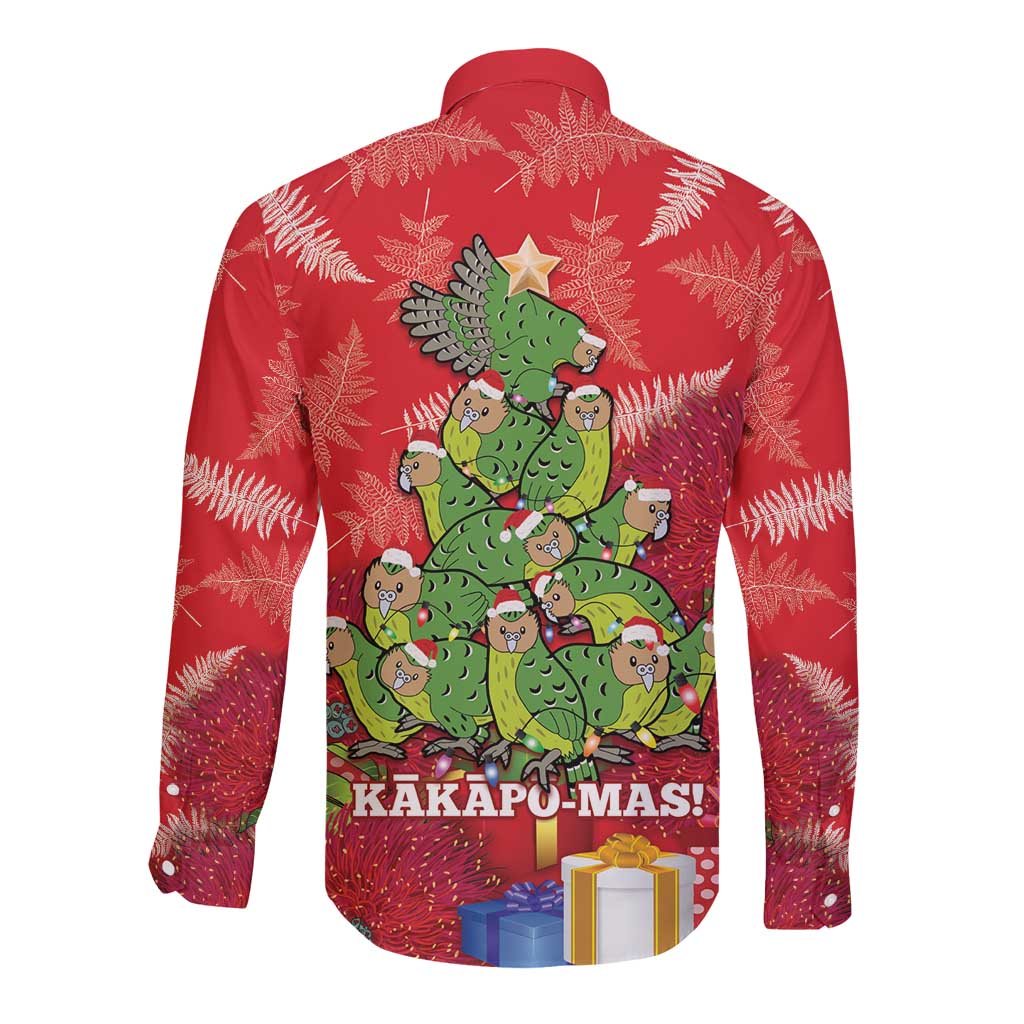 Kakapo New Zealand Christmas Long Sleeve Button Shirt Meri Kirihimete Pohutukawa - Red Color LT14 - Polynesian Pride