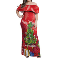 Kakapo New Zealand Christmas Off Shoulder Maxi Dress Meri Kirihimete Pohutukawa - Red Color LT14 Women Red - Polynesian Pride