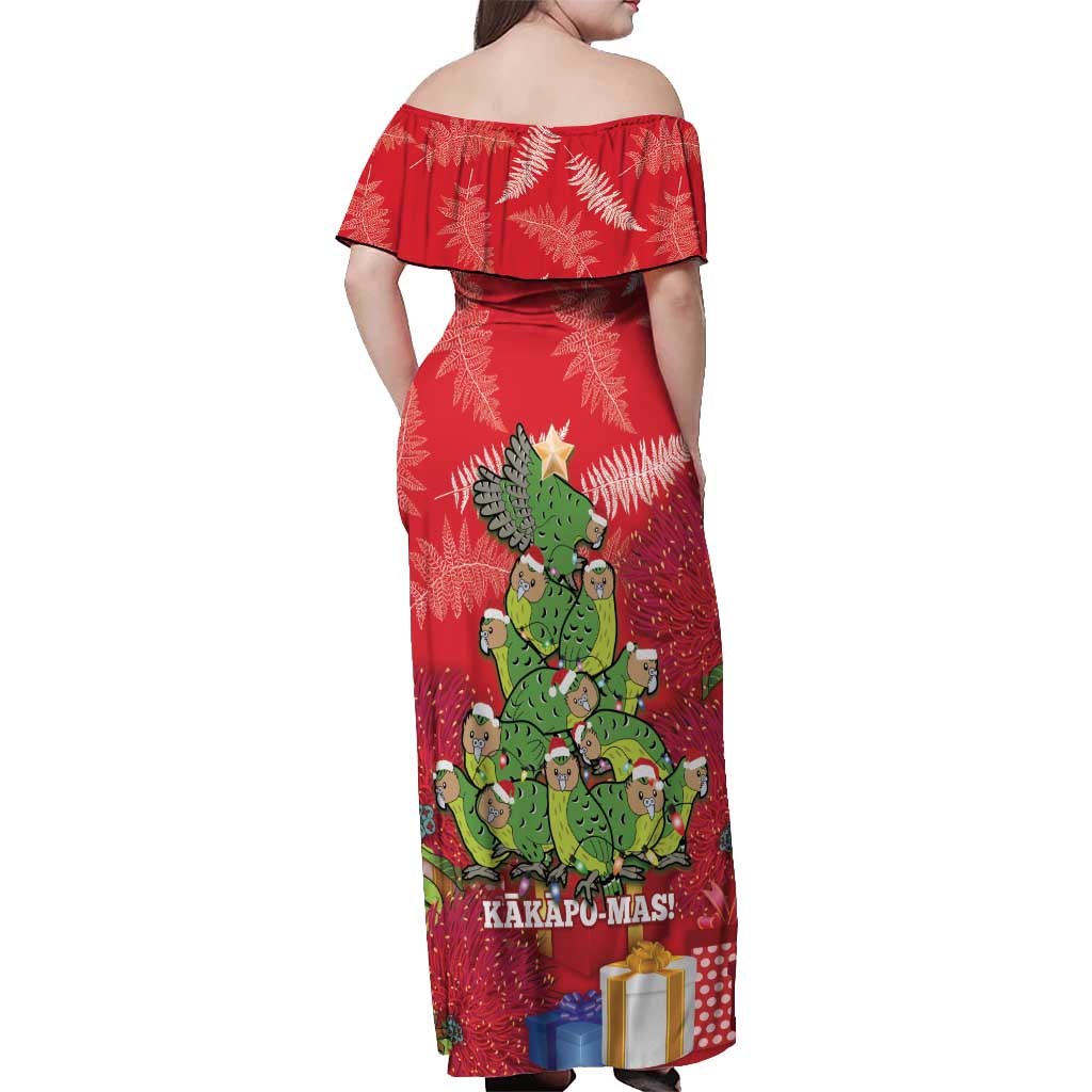 Kakapo New Zealand Christmas Off Shoulder Maxi Dress Meri Kirihimete Pohutukawa - Red Color LT14 - Polynesian Pride
