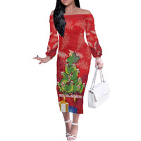 Kakapo New Zealand Christmas Off The Shoulder Long Sleeve Dress Meri Kirihimete Pohutukawa - Red Color LT14 Women Red - Polynesian Pride
