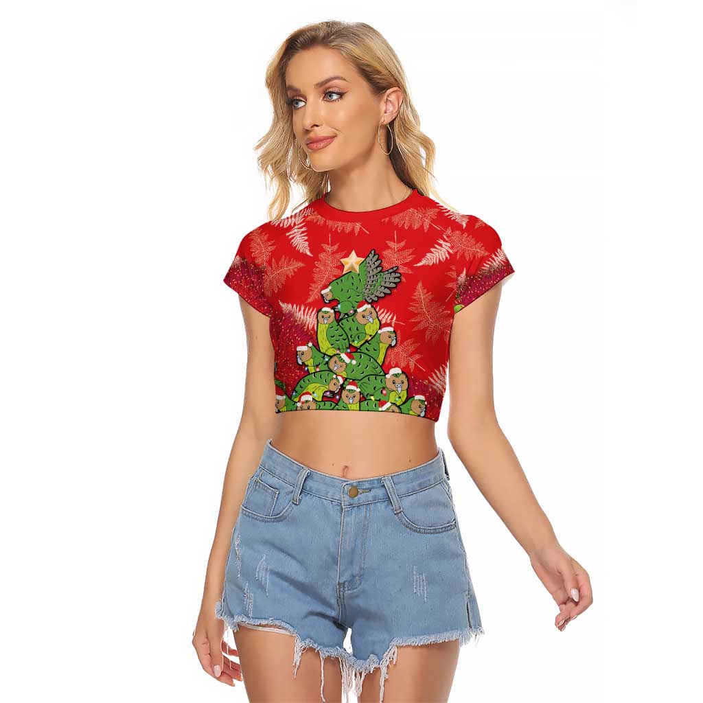 Kakapo New Zealand Christmas Raglan Cropped T Shirt Meri Kirihimete Pohutukawa - Red Color LT14 Female Red - Polynesian Pride