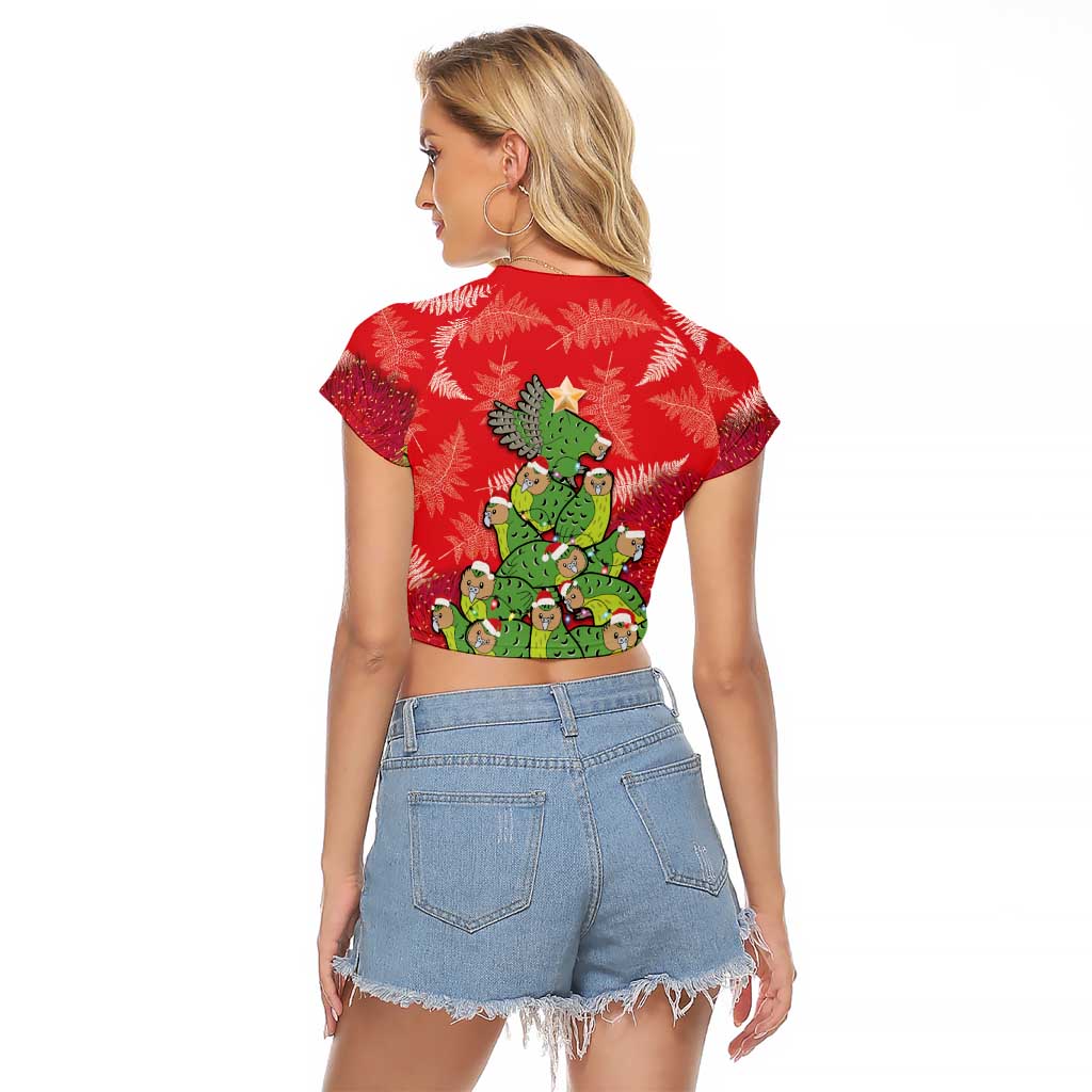 Kakapo New Zealand Christmas Raglan Cropped T Shirt Meri Kirihimete Pohutukawa - Red Color LT14 - Polynesian Pride