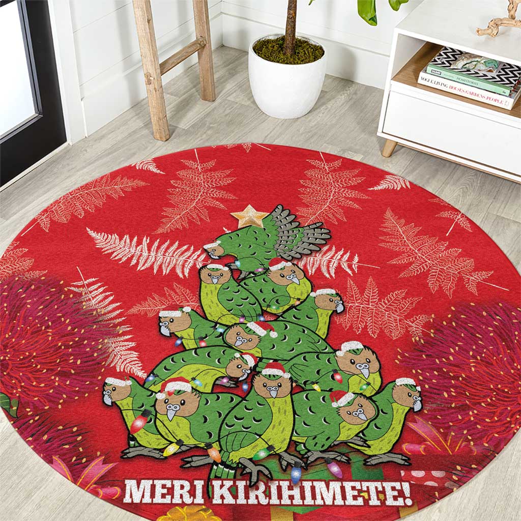 Kakapo New Zealand Christmas Round Carpet Meri Kirihimete Pohutukawa - Red Color LT14 Red - Polynesian Pride