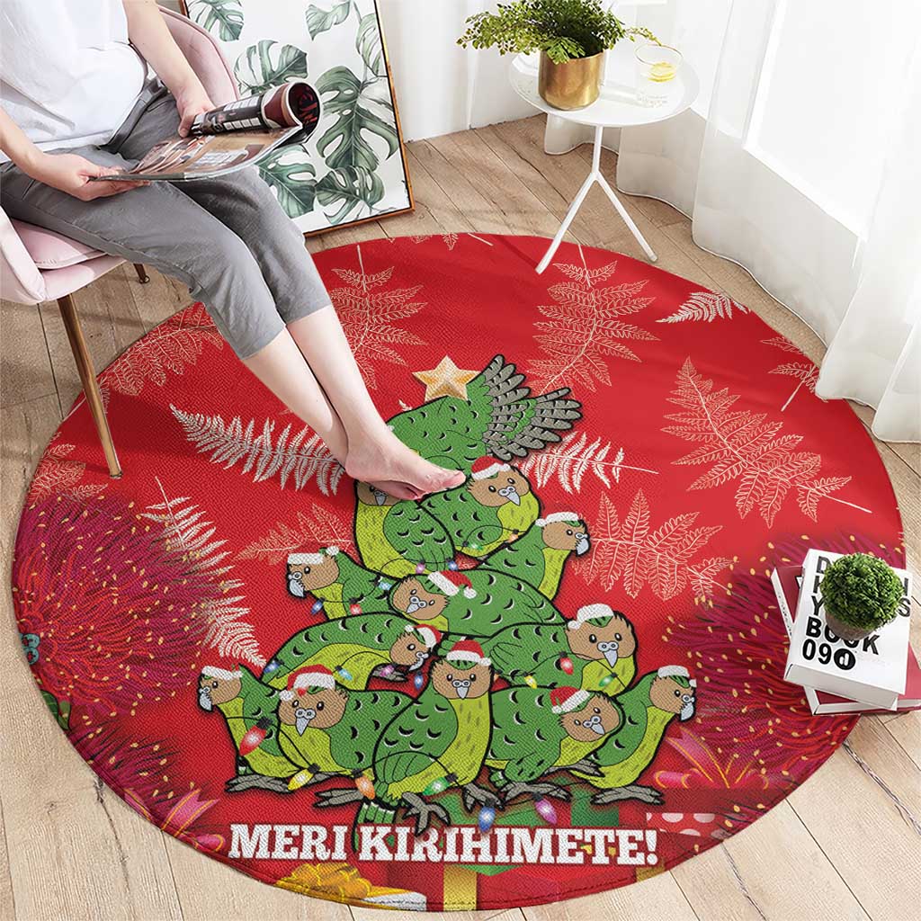 Kakapo New Zealand Christmas Round Carpet Meri Kirihimete Pohutukawa - Red Color LT14 - Polynesian Pride
