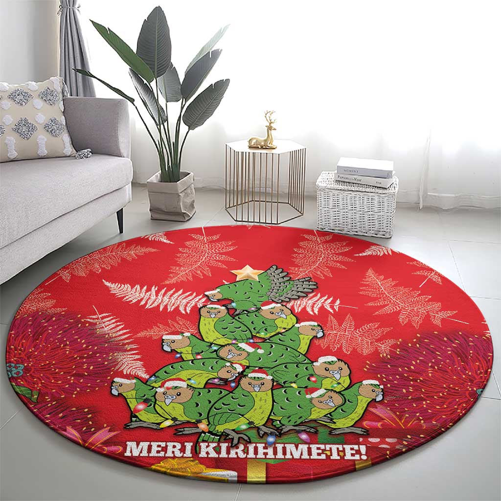 Kakapo New Zealand Christmas Round Carpet Meri Kirihimete Pohutukawa - Red Color LT14 - Polynesian Pride