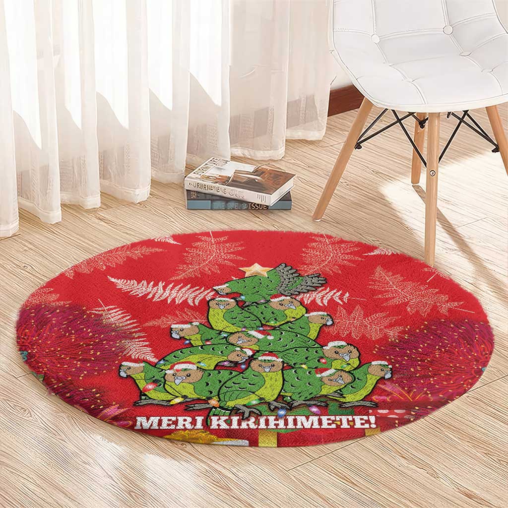 Kakapo New Zealand Christmas Round Carpet Meri Kirihimete Pohutukawa - Red Color LT14 - Polynesian Pride