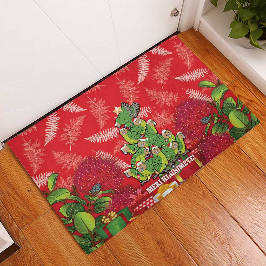 Kakapo New Zealand Christmas Rubber Doormat Meri Kirihimete Pohutukawa - Red Color LT14 - Polynesian Pride