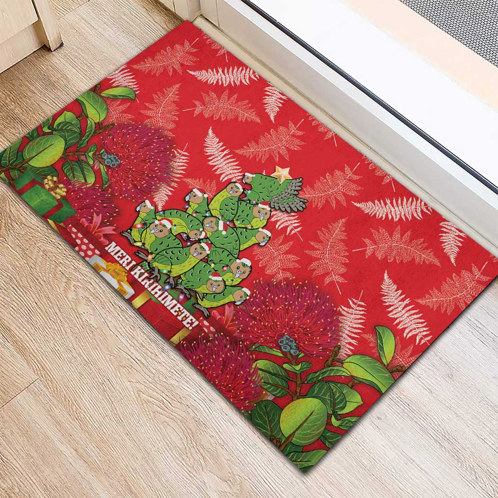 Kakapo New Zealand Christmas Rubber Doormat Meri Kirihimete Pohutukawa - Red Color LT14 - Polynesian Pride