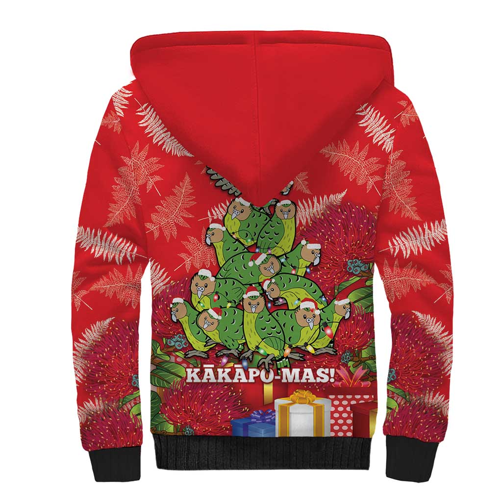 Kakapo New Zealand Christmas Sherpa Hoodie Meri Kirihimete Pohutukawa - Red Color LT14 - Polynesian Pride