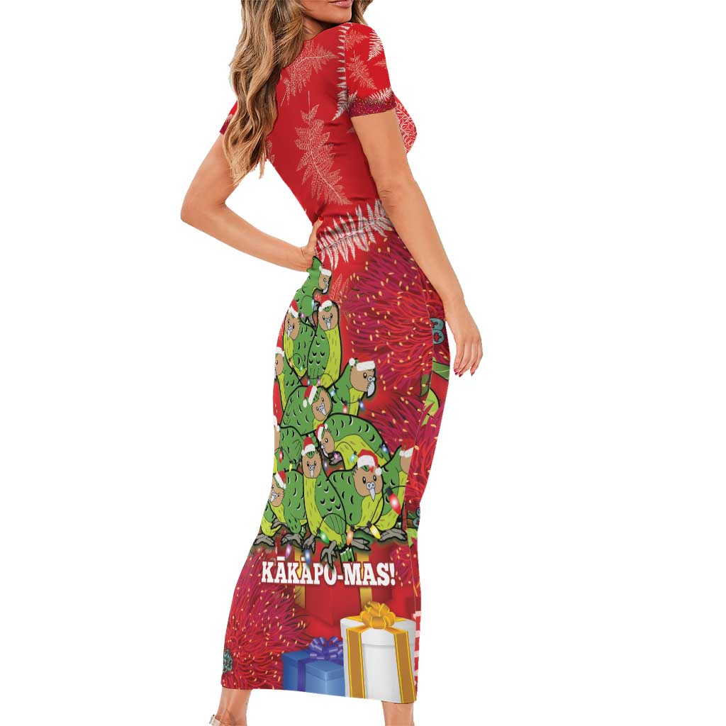 Kakapo New Zealand Christmas Short Sleeve Bodycon Dress Meri Kirihimete Pohutukawa - Red Color LT14 - Polynesian Pride