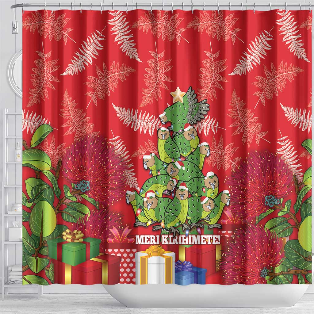 Kakapo New Zealand Christmas Shower Curtain Meri Kirihimete Pohutukawa - Red Color LT14 - Polynesian Pride