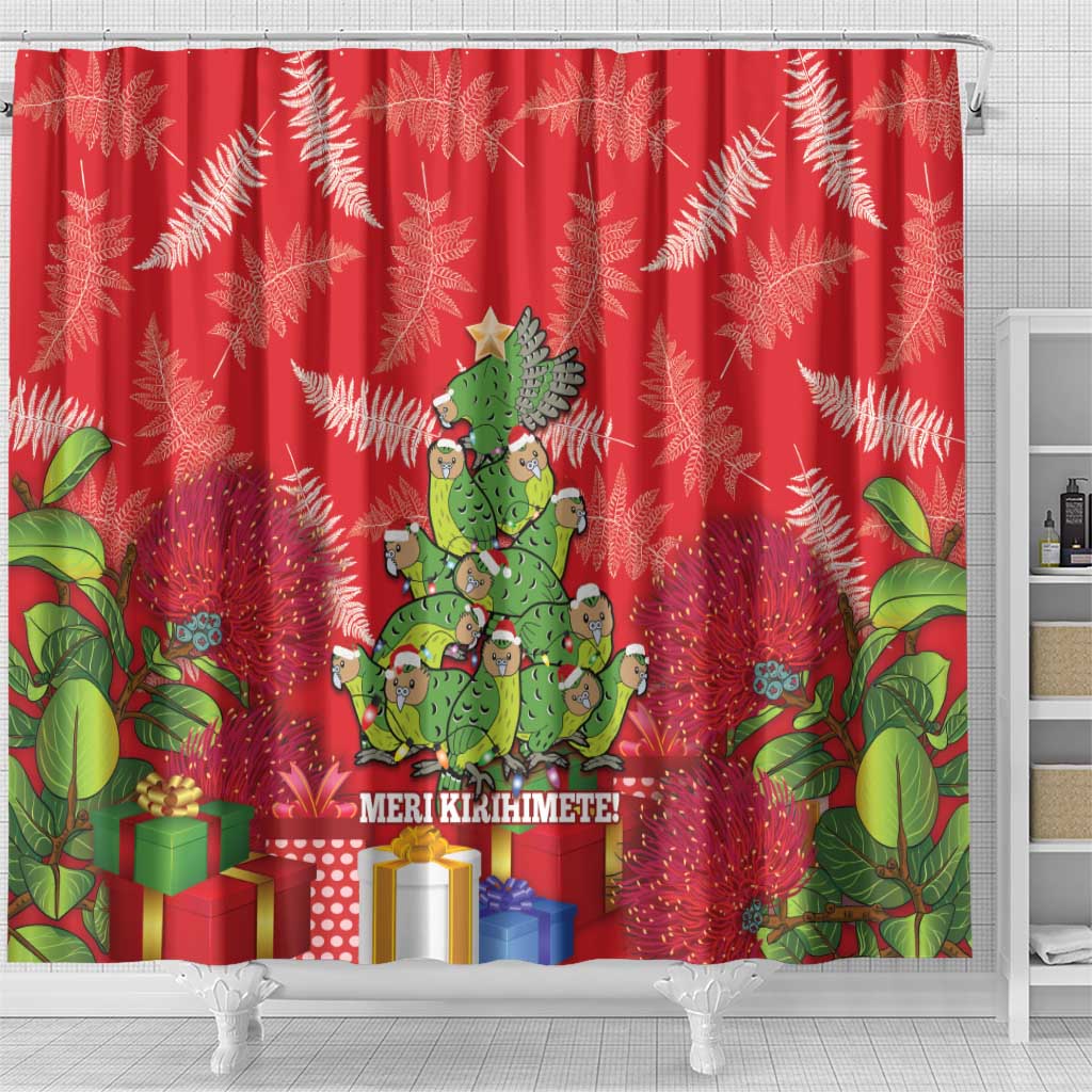 Kakapo New Zealand Christmas Shower Curtain Meri Kirihimete Pohutukawa - Red Color LT14 - Polynesian Pride