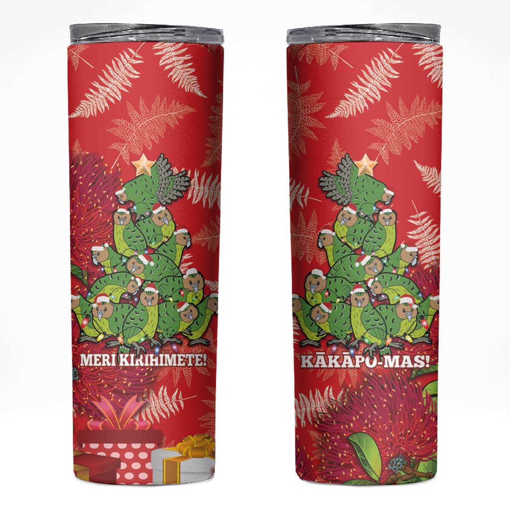 Kakapo New Zealand Christmas Skinny Tumbler Meri Kirihimete Pohutukawa - Red Color LT14 Red - Polynesian Pride
