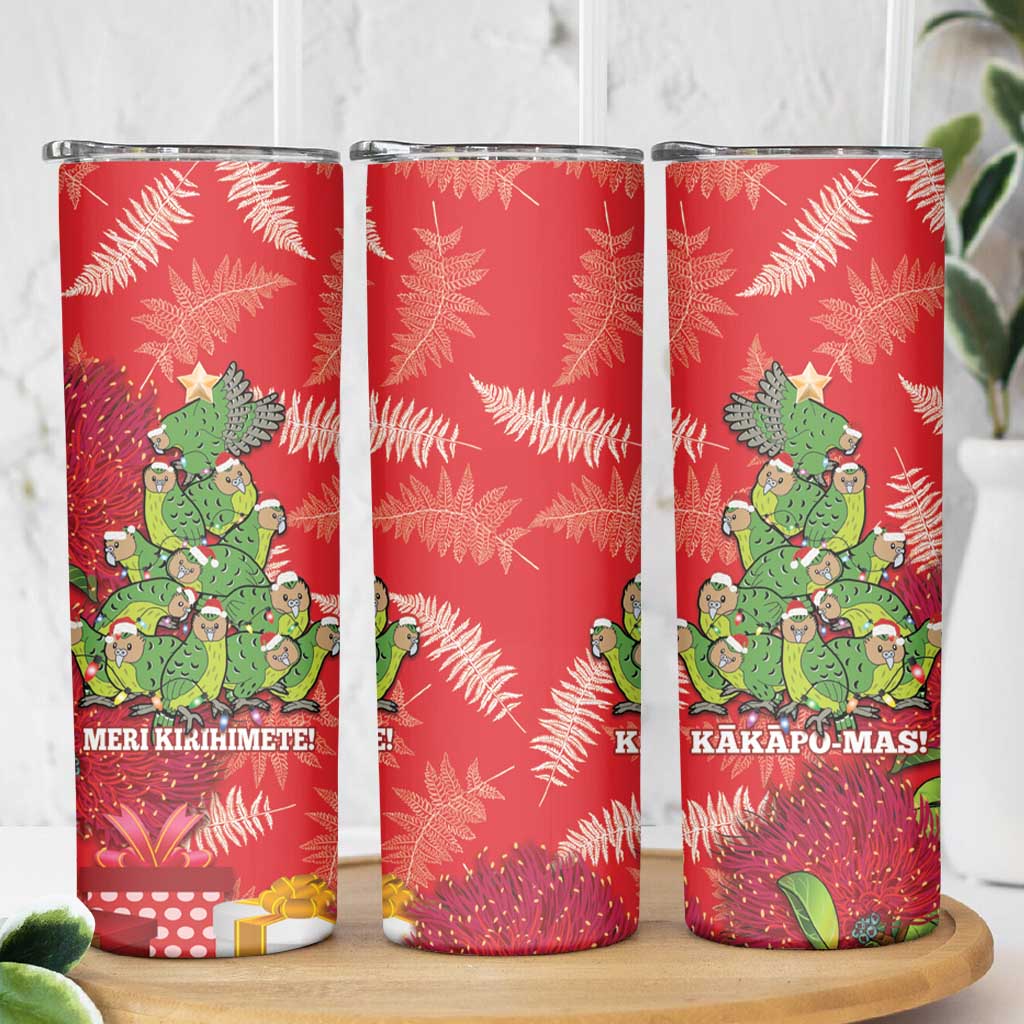 Kakapo New Zealand Christmas Skinny Tumbler Meri Kirihimete Pohutukawa - Red Color LT14 - Polynesian Pride